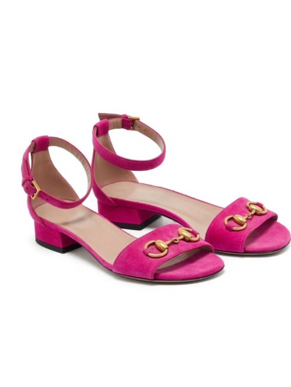 Gucci GG Horsebit Marmont Suede Pink Ankle Strap Sandals 37.5